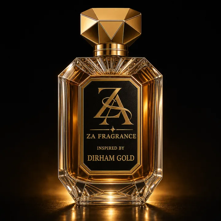 ZA Fragrance inspired by Dirham Gold perfume bottle in a warm golden studio